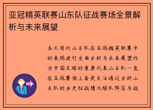 亚冠精英联赛山东队征战赛场全景解析与未来展望 亚冠精英联赛山东队征战赛场全景解析与未来展望