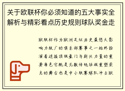 关于欧联杯你必须知道的五大事实全解析与精彩看点历史规则球队奖金走势